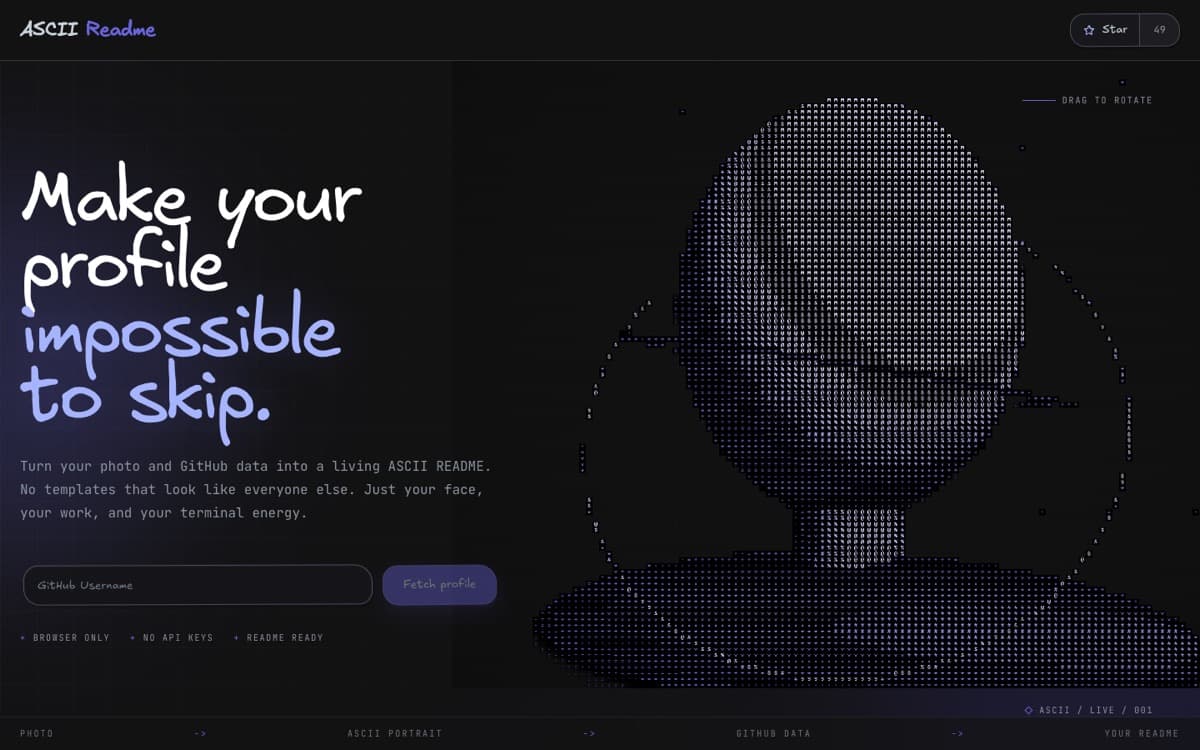 ASCII Readme homepage with the headline “Make your profile impossible to skip”
