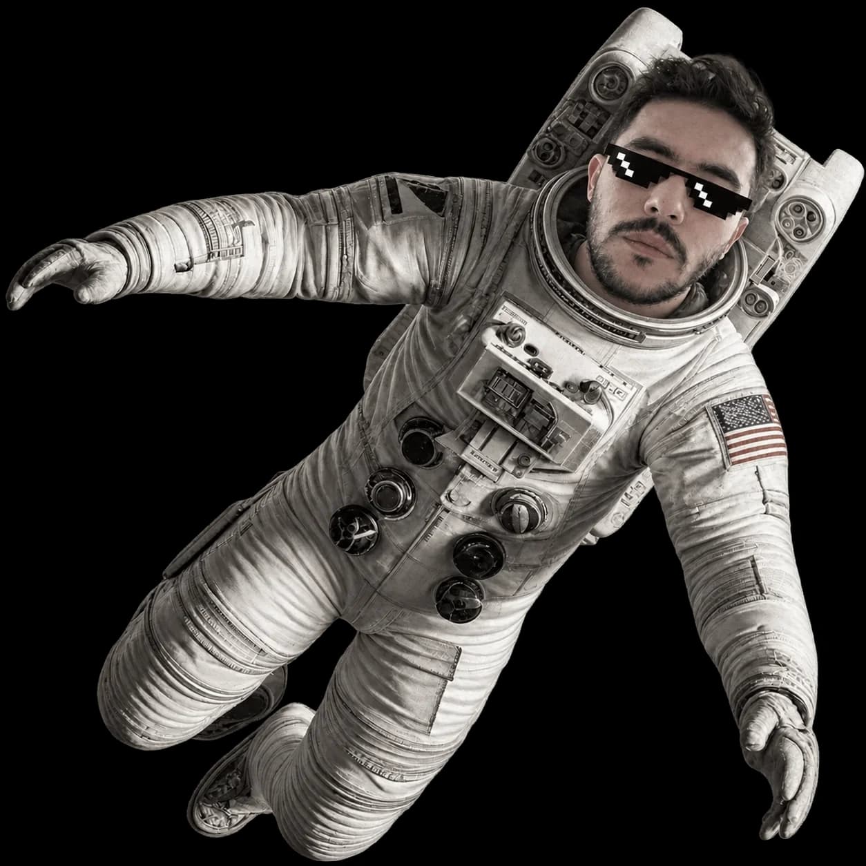 Talha Eser floating in a space suit, wearing pixel sunglasses